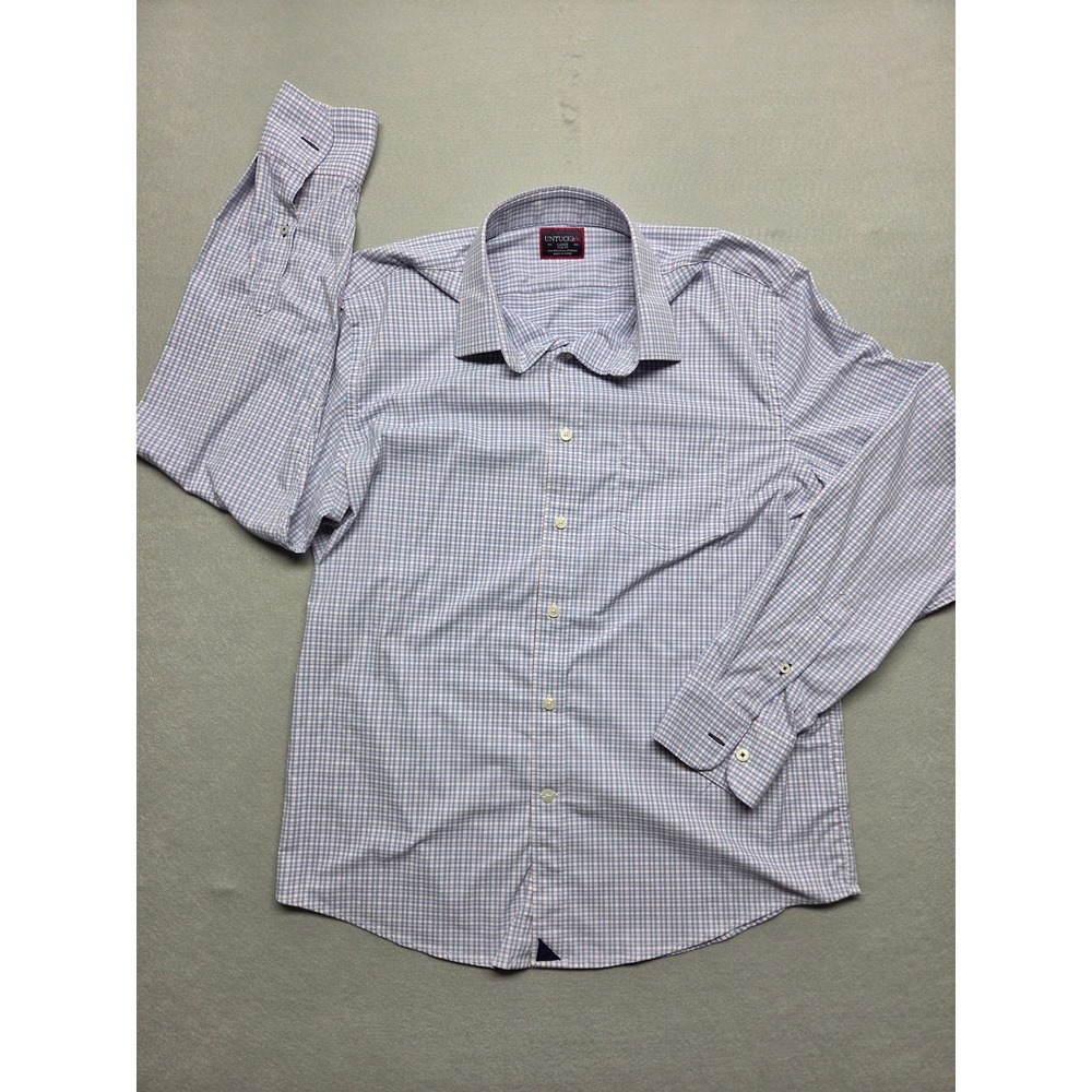Untuckit Mens Large Slim Fit Shirt Blue Pink Check Long Sleeve Stretch Button Up